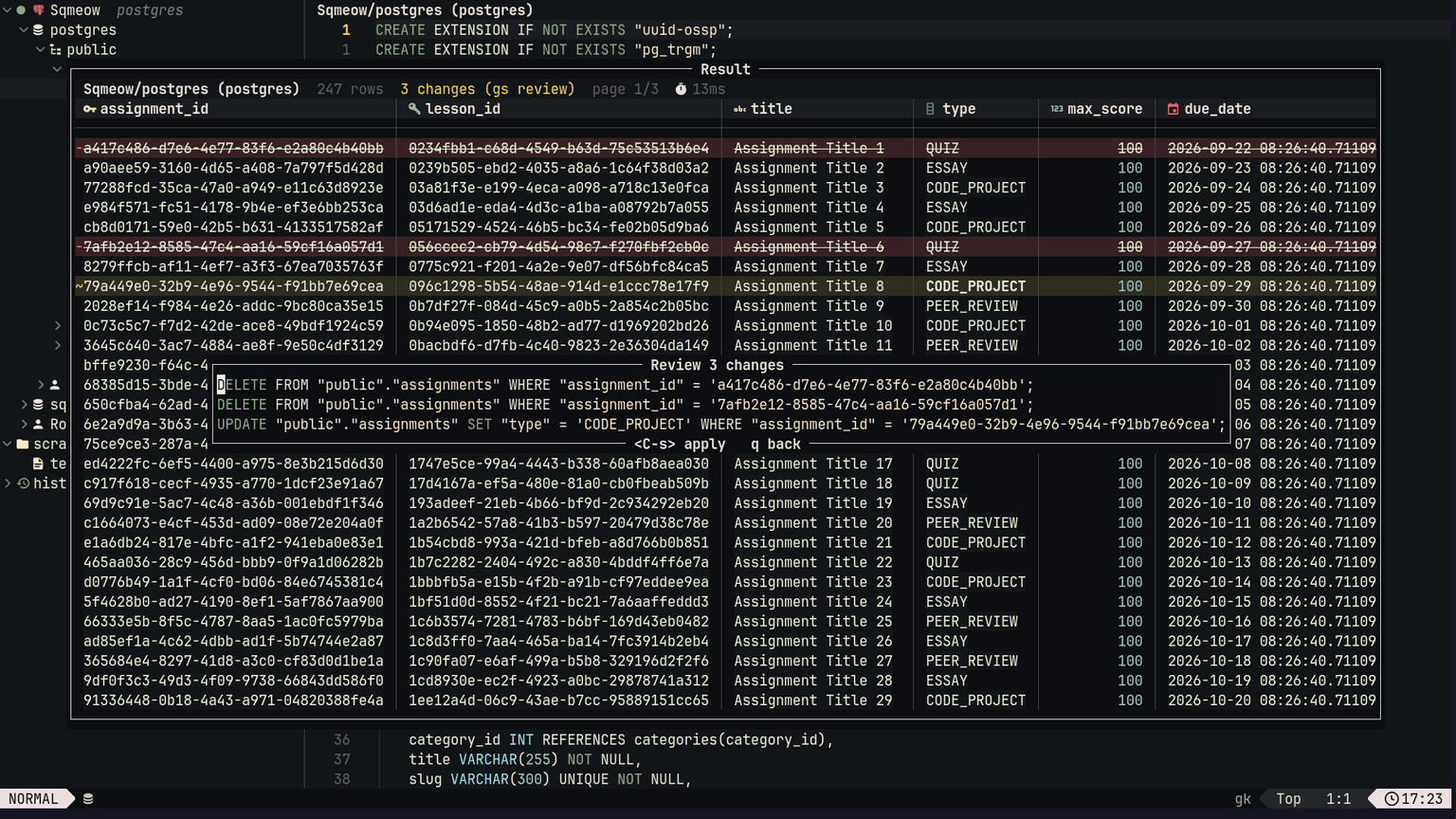 Two staged deletions and one cell update with their SQL in the review window
