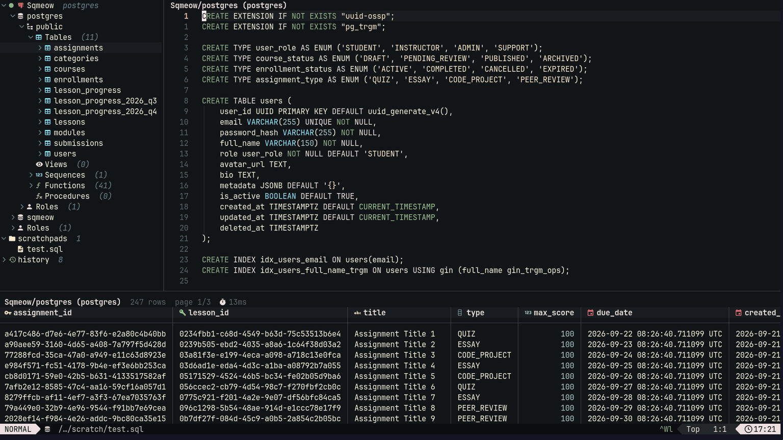 PostgreSQL schema drawer, SQL scratchpad, and paged results inside Neovim