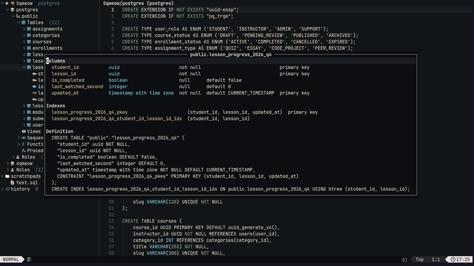 PostgreSQL table columns, indexes, and CREATE TABLE definition